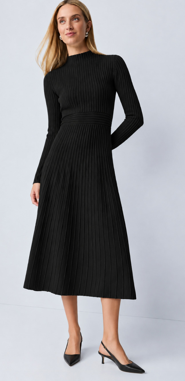 NWT ANN TAYLOR BLACK RIBBED MOCK NECK SWEATER MIDI DRESS SZ XS